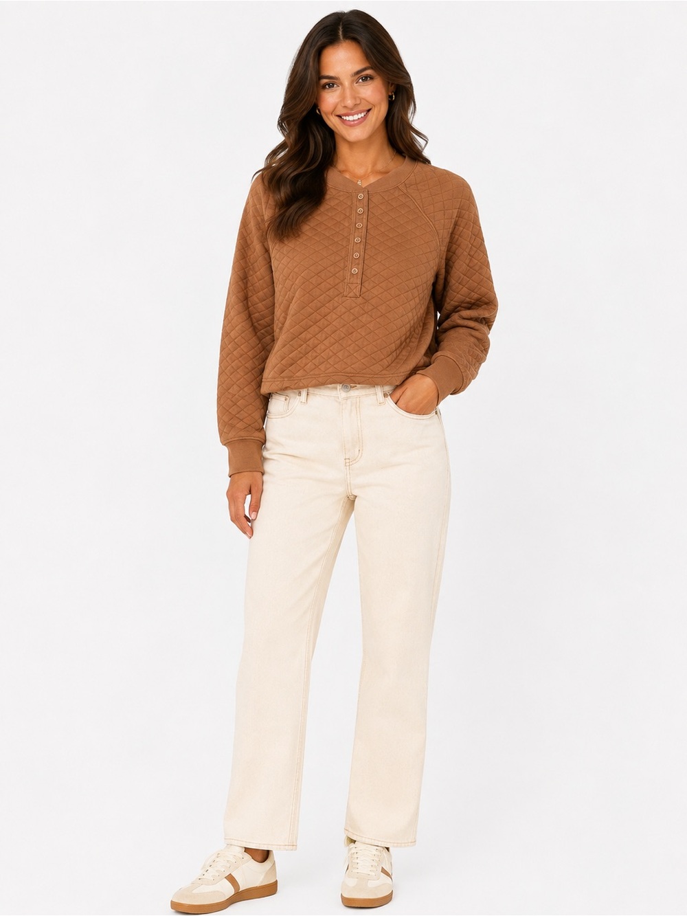 DSG Quilted Henley Sweatshirt in Warm Brown
